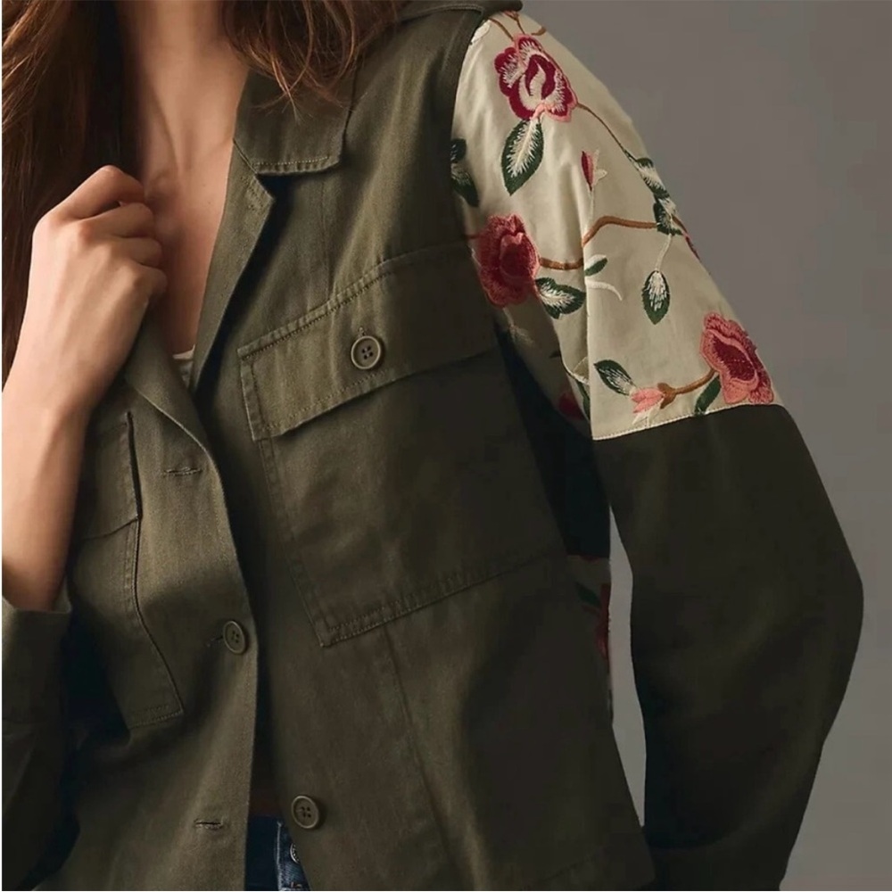 Tiny by ANTHROPOLOGIE Leslie Embroidered Floral Army Jacket Green S NWT